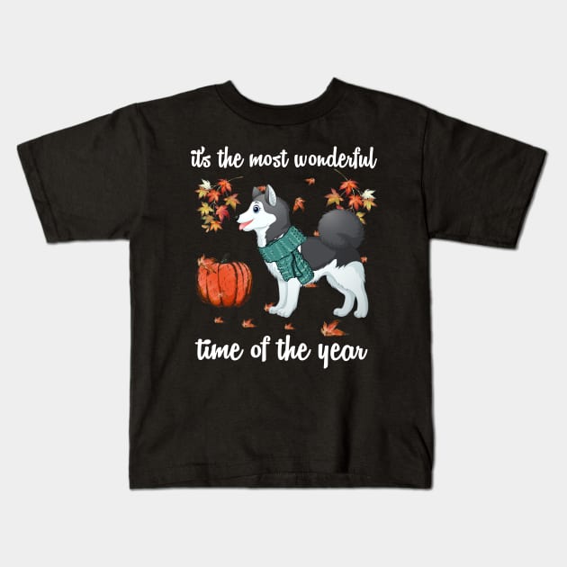 Siberian Husky Dog Autumn Fall Most Wonderful Time Maple Kids T-Shirt by AstridLdenOs